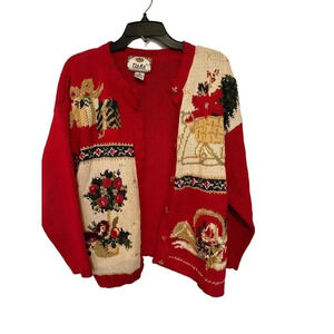 Tiara International Women's Red Embroidered Festive Holiday Cardigan Size M